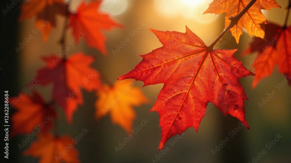 Autumnal Glow A Single Maple Leaf Illuminated by Warm Sunlight Among a Cluster of Vibrant Fall Foliage Autumnal Glow A Single Maple Leaf Illuminated by Warm Sunlight Among a Cluster of Vibrant Fall Foliage