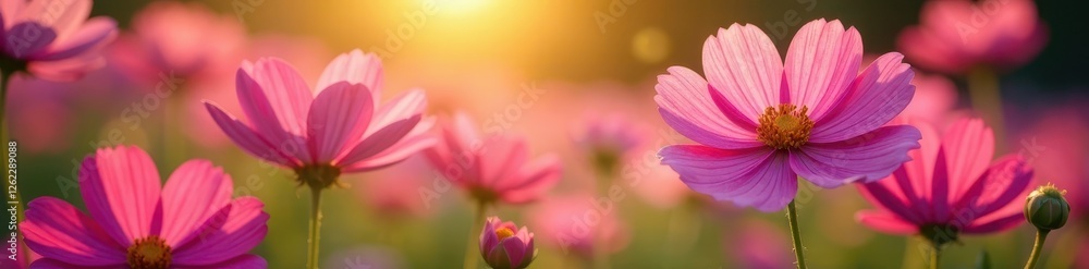 Cosmos flowers in full bloom, sunlight illuminating petals , petals, flora Cosmos flowers in full bloom, sunlight illuminating petals , petals, flora