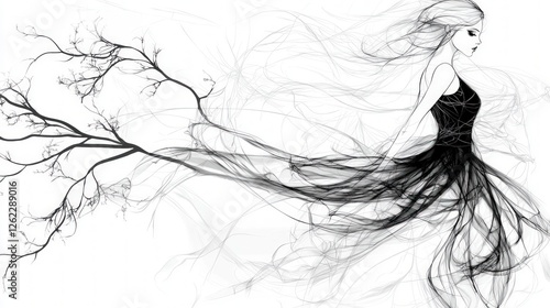 Wallpaper Mural Elegant Woman in Flowing Dress  Abstract Art  Black and White  Line Art  Fashion Illustrat Torontodigital.ca