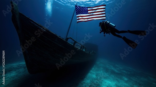 Underwater Shipwreck American Flag Scuba Diver Adventure