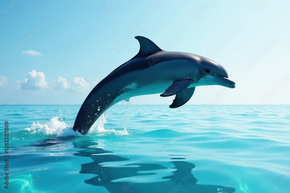 Fototapeta premium Dolphin breaches surface, sleek body, clear water , day, water