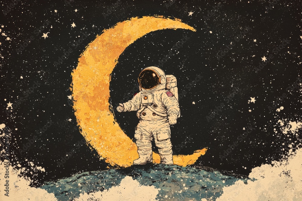 custom made wallpaper toronto digitalThe image portrays an astronaut on a crescent moon, created using a flat style and characterized by its soft pastel color palette