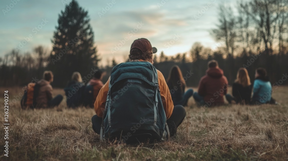 Hikers sunset meadow group nature relaxation