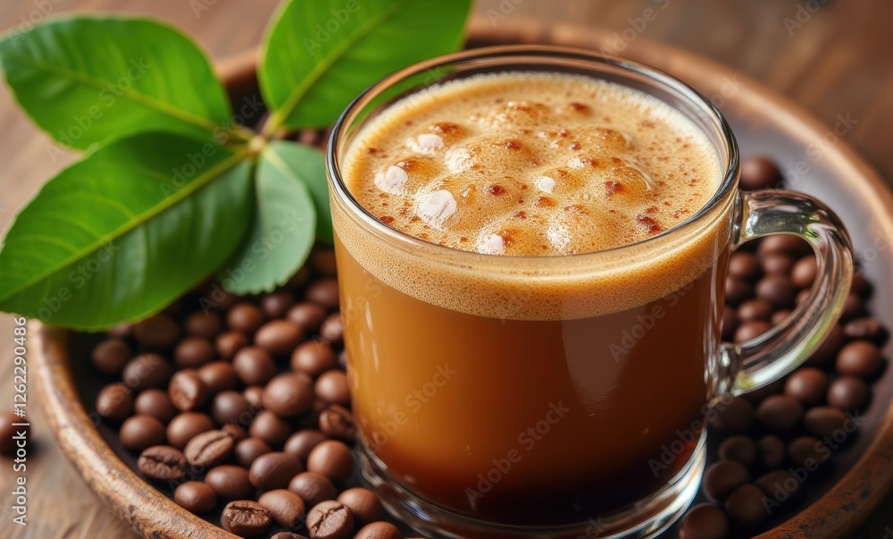 Frothy coffee with fresh coffee beans Frothy coffee with fresh coffee beans