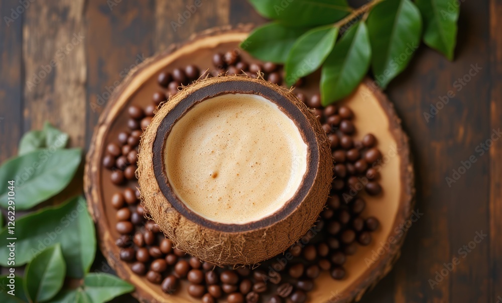 Coconut bowl filled with coffee Coconut bowl filled with coffee