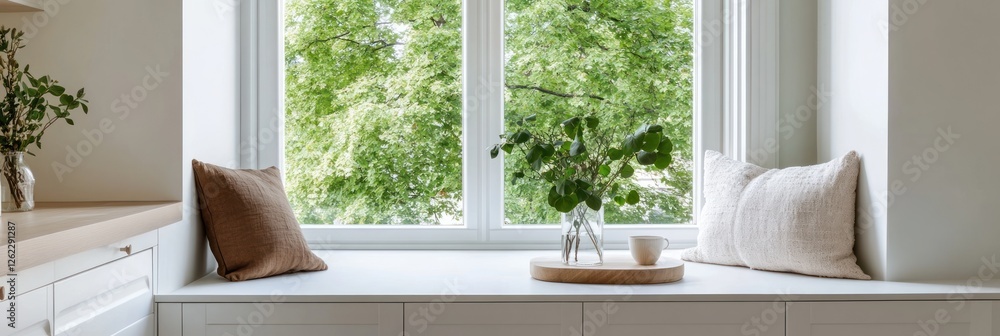 Fototapeta premium Serene Window Seat With Plants Pillows And Coffee