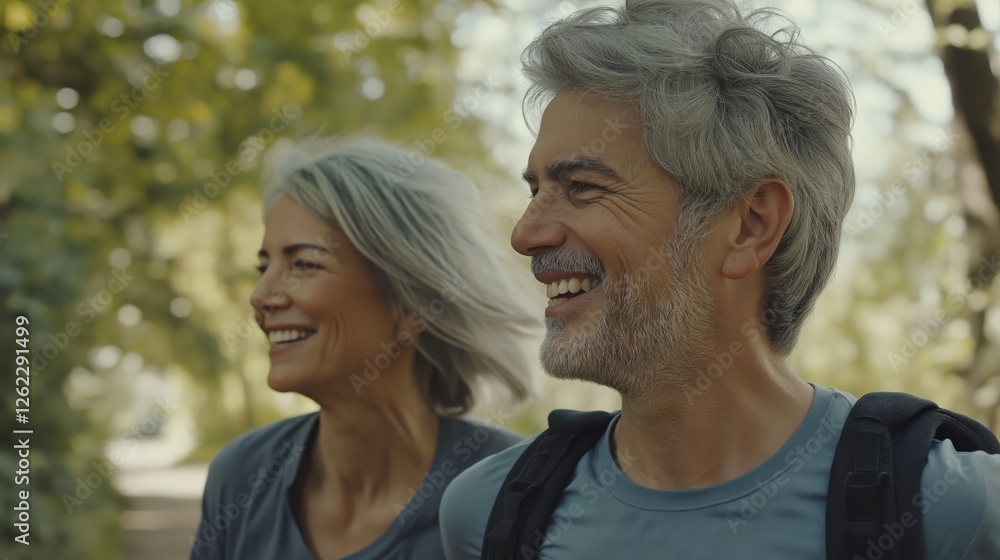elder couple jogging in the park with green trees around elder couple jogging in the park with green trees around