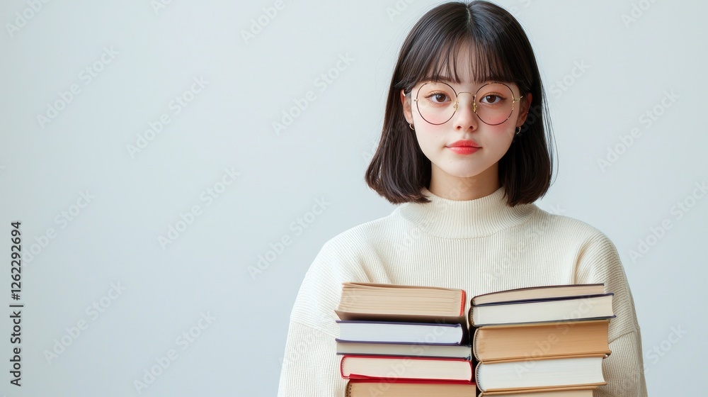 Young woman with stack of books smiling in light background Young woman with stack of books smiling in light background
