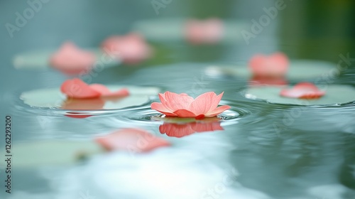 Tranquil water scene with white flowers floating amidst lush greenery at a se...