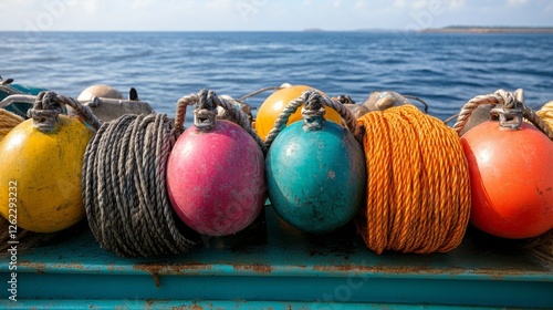 Colorful buoys on a fishing boat against a vibrant ocean backdrop during dayl...