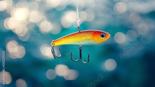 Colorful fishing lure hanging over shimmering blue water in bright sunlight
