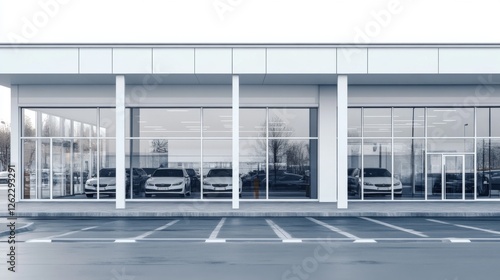 Modern car showroom exterior, empty parking lot, winter day, dealership advertising photo