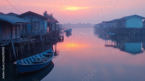 Sunset over wooden stilt houses and boats in a tranquil coastal village