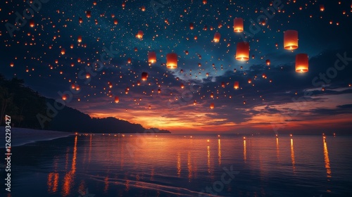 Lanterns illuminate the tranquil beach at sunset with colorful skies and gent...