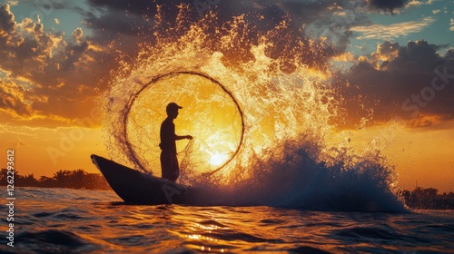 Fisherman casting net on tranquil water during golden sunset in serene landscape