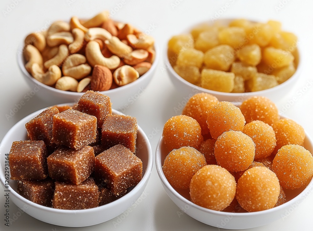 Fototapeta premium Colorful assortment of traditional sweets and nuts in elegant bowls, featuring coconut cubes, sesame sweets, cashews, and vibrant sugary treats on white table