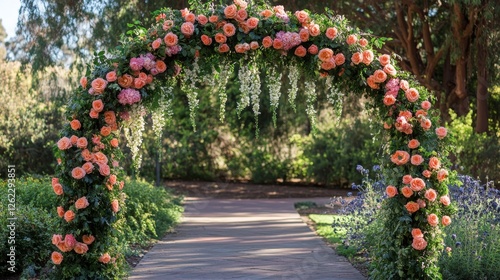 Beautiful rose archway in a serene garden during golden hour