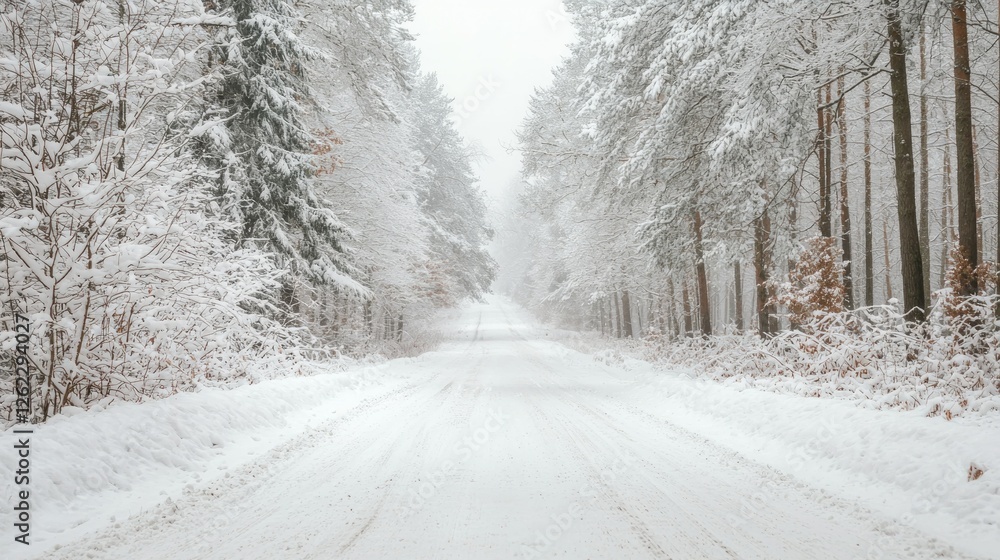Obraz premium Snowy Road Through a Winter Wonderland Forest