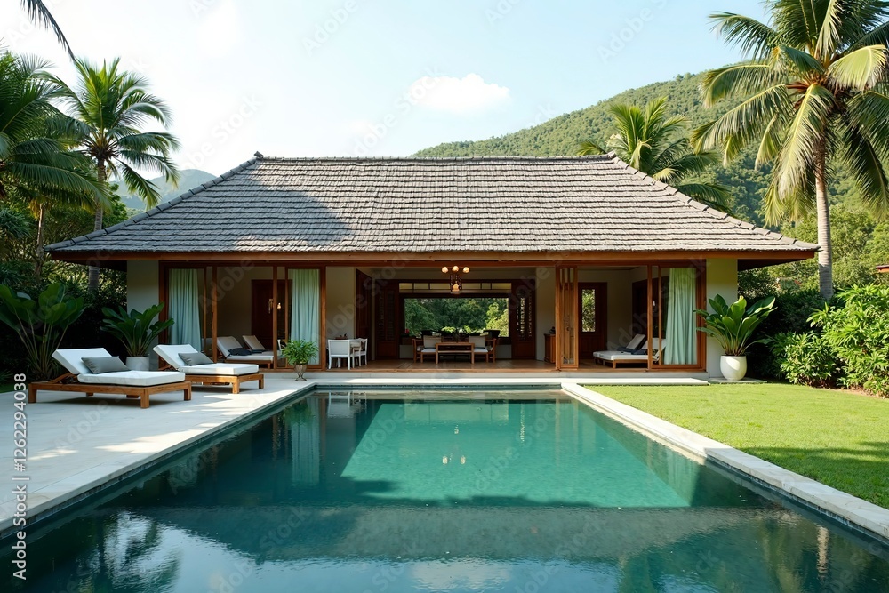 Fototapeta premium Minimalist tropical villa with pool and garden, embodying serene simplicity and harmony.