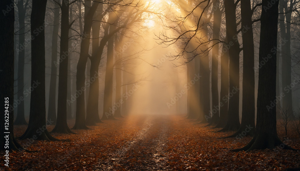 Naklejka premium Mysterious forest path with sunlight shining through trees and foggy atmosphere