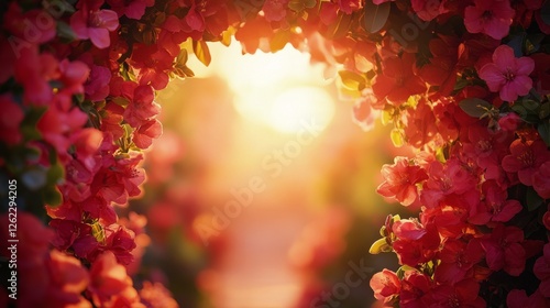 Sunset viewed through vibrant pink flowers creating a natural frame in a sere...