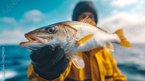 Smiling man holding a large orange fish while enjoying a sunny day at sea