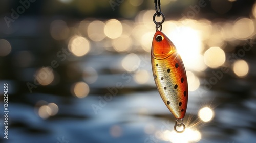 Colorful fishing lure hanging over shimmering blue water in bright sunlight