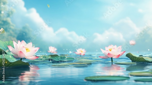 Tranquil water lilies blossom on a serene lake under a clear blue sky