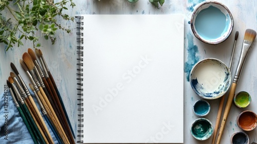 Creative workspace with art supplies and greenery on a clean surface