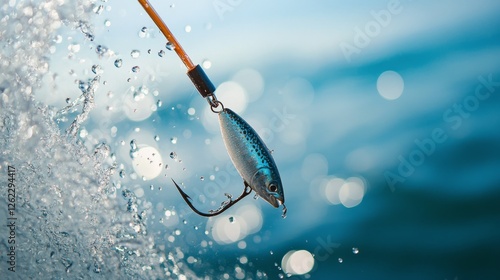 Fishing lure dangling above shimmering water during early morning light
