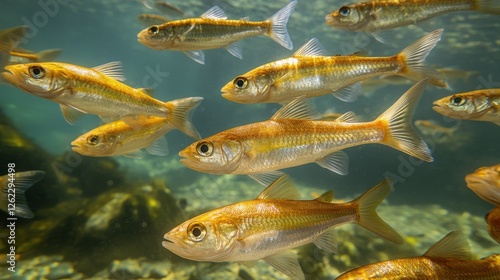 Vibrant orange fish swimming gracefully in clear blue ocean waters under brig...