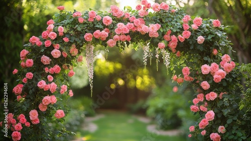 Beautiful rose archway in a serene garden during golden hour