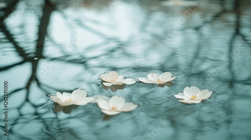 Tranquil water scene with white flowers floating amidst lush greenery at a se...