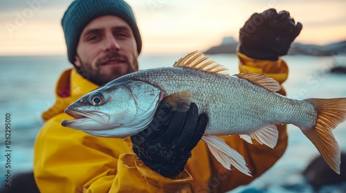 Smiling man holding a large orange fish while enjoying a sunny day at sea