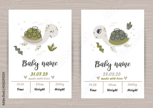 Vector set of invitation templates with cute turtles. Please include your name, date of birth, height, length and time of birth.