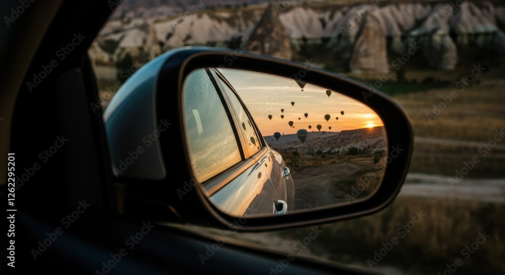 Hot air balloons at sunset reflected in car side mirror Hot air balloons at sunset reflected in car side mirror