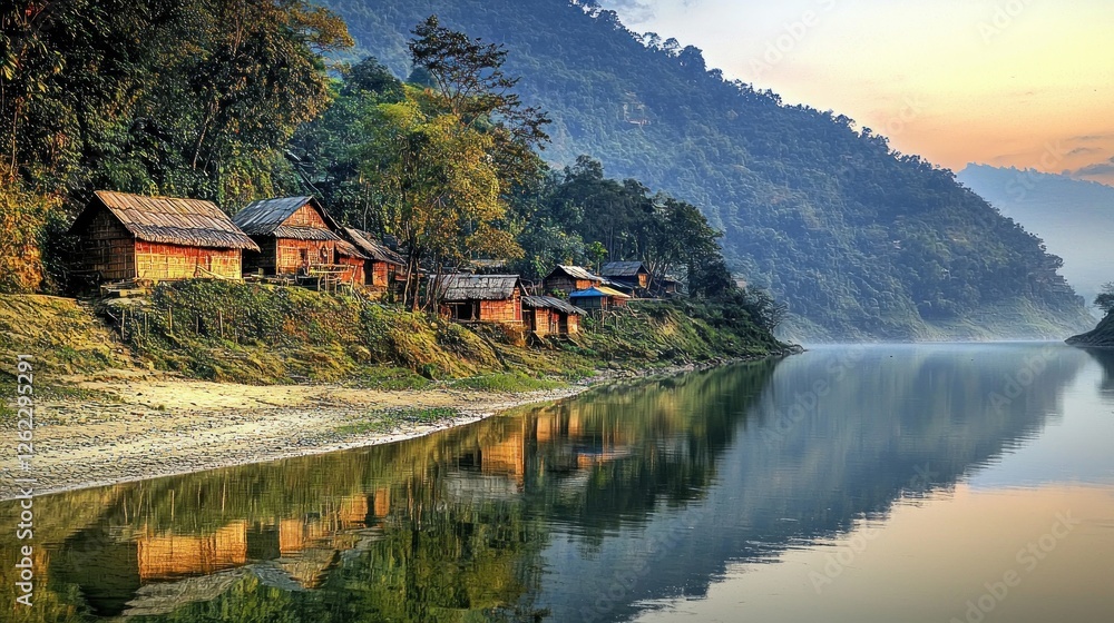 Fototapeta premium Rustic village nestled beside a serene river at dawn