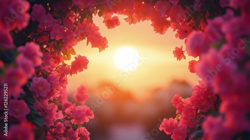Sunset viewed through vibrant pink flowers creating a natural frame in a sere...