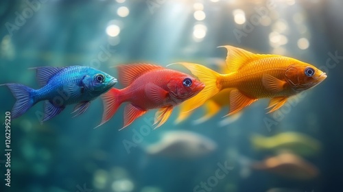 Colorful fish swimming gracefully in a serene underwater environment amidst c...