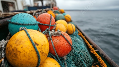 Colorful buoys on a fishing boat against a vibrant ocean backdrop during dayl...