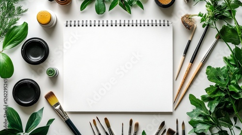 Creative workspace with art supplies and greenery on a clean surface