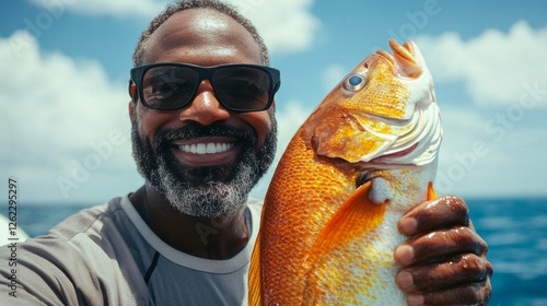 Smiling man holding a large orange fish while enjoying a sunny day at sea