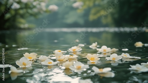 Tranquil water scene with white flowers floating amidst lush greenery at a se...