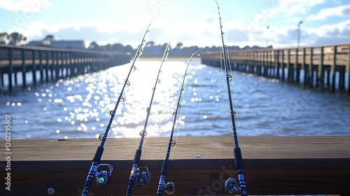 Bright sunny day on a wooden pier with fishing rods by the sparkling ocean water