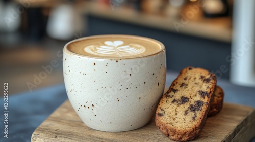 Warm beverage and baked treat served on a wooden board in a cozy cafe setting