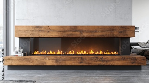 Modern fireplace with wood accent in a stylish living room setting