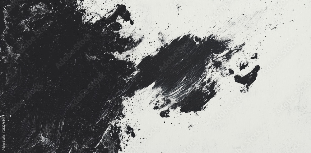 Fototapeta premium In an artistic representation of movement and chaos, dynamic contrast is formed by the splattering of abstract black ink on a white background
