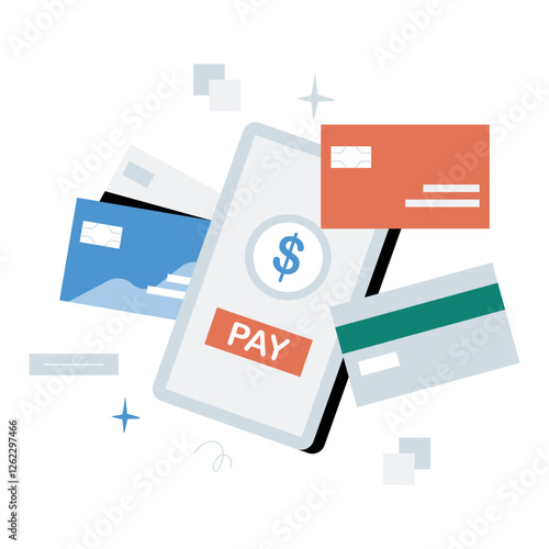 Mobile Payment With Credit Cards And Digital Wallet In Flat Vector Illustration Symbolizing Cashless Transactions, Online Banking, And Digital Finance, Isolated On White Background