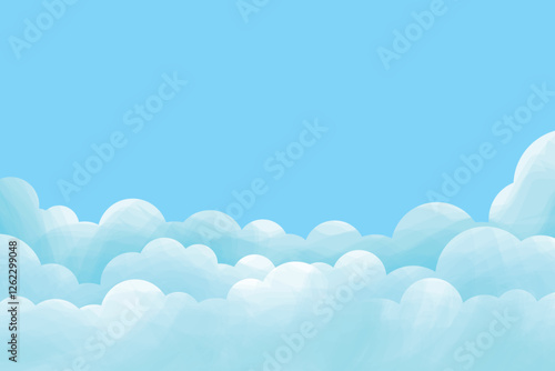 Blue sky with fluffy cartoon clouds, soft cloudscape background, vector illustration.