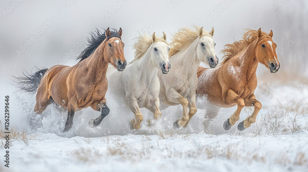 Horses running through snowy field in winter wonderland under soft light showcasing their grace and beauty. Generative AI Horses running through snowy field in winter wonderland under soft light showcasing their grace and beauty. Generative AI
